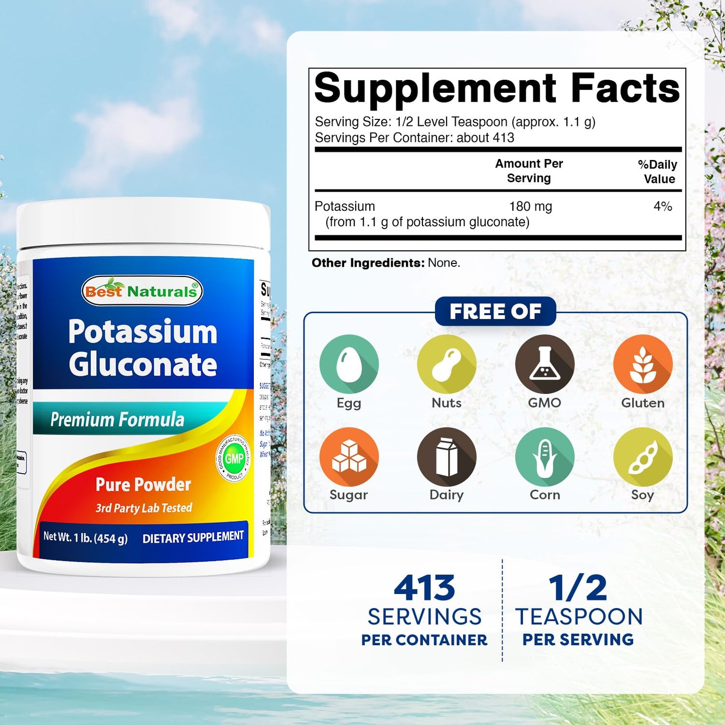 Best Naturals Potassium Gluconate 1 lb Powder – Pack of 2
