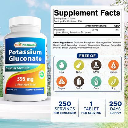 Best Naturals Potassium Gluconate 595 mg – 250 Tablets (Pack of 2)