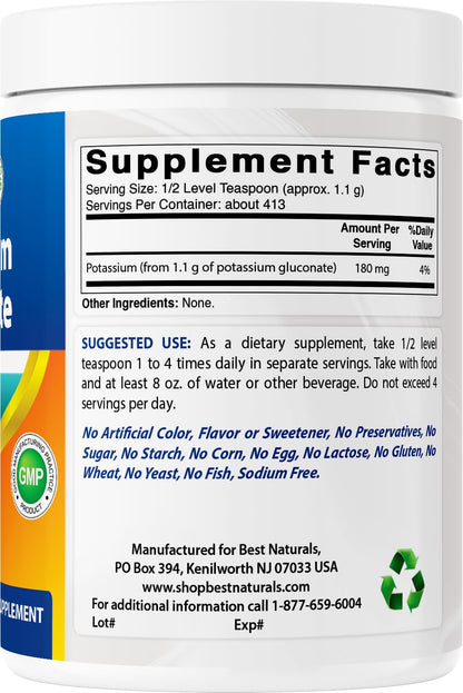 Best Naturals Potassium Gluconate 1lb Powder – 413 Servings, Non-GMO, USA Made
