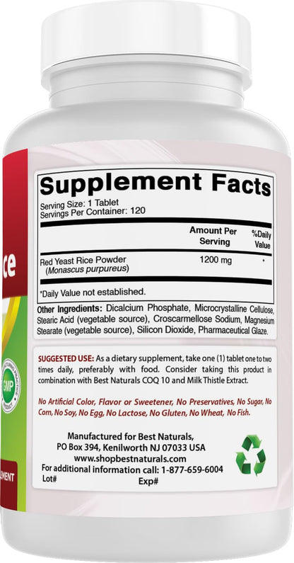 Best Naturals Red Yeast Rice 1200 mg (Non-GMO) - 120 Tablets
