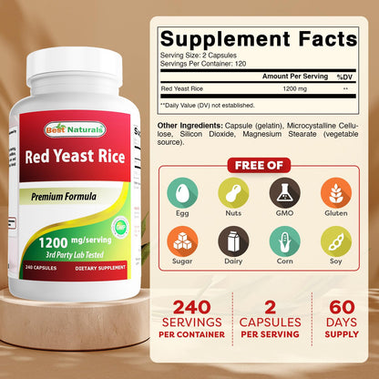 Best Naturals Red Yeast Rice 1200mg per Serving - 240 Capsules | Premium Formula, 3rd-Party Lab Tested