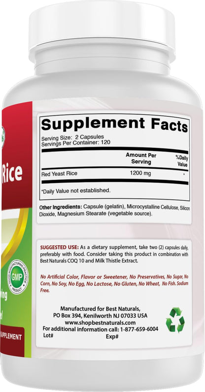Best Naturals Red Yeast Rice 1200mg per Serving - 240 Capsules | Premium Formula, 3rd-Party Lab Tested