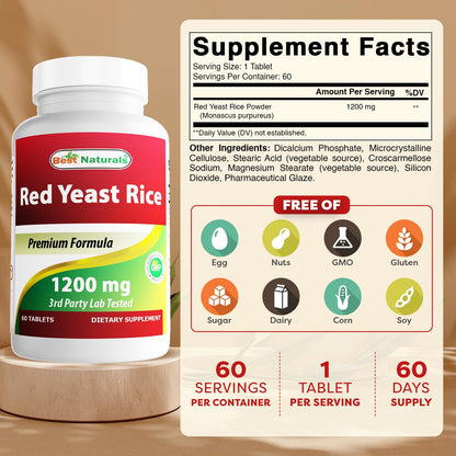 Best Naturals Red Yeast Rice 1200 mg – 60 Tablets (Citrinin Free) | Non-GMO & Gluten-Free