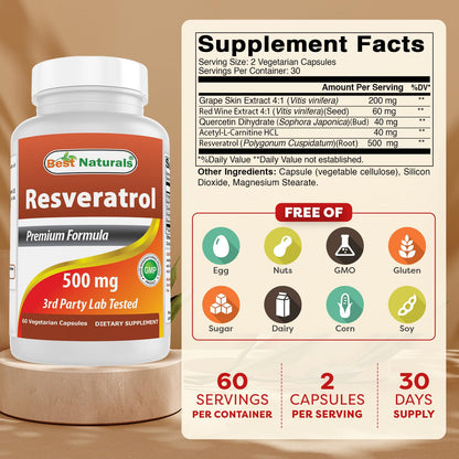 Best Naturals Resveratrol Complex 500 mg – 120 Veg Capsules (Gluten Free, Non-GMO)