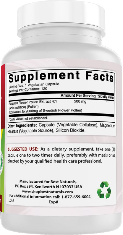 Best Naturals Swedish Flower Pollen 4:1 Extract 500 mg - 120 Capsules (Pack of 2)