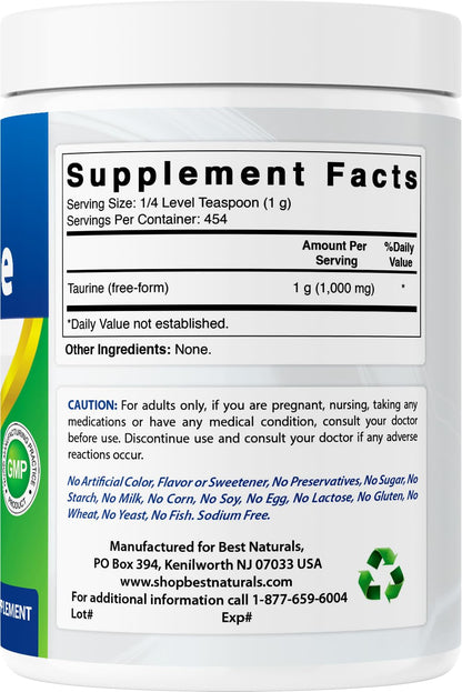 Best Naturals Taurine Powder 1000mg – 1 lb (454 g) Pack of 2
