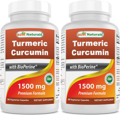 Best Naturals Turmeric Curcumin 1500mg with Bioperine – 180 Veggie Caps (Pack of 2)
