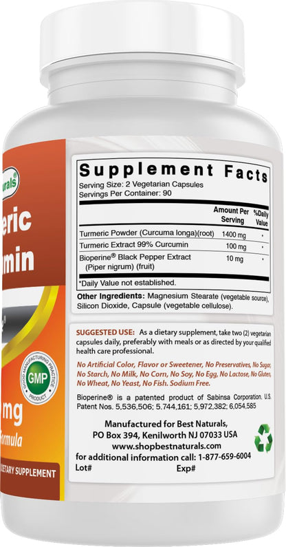Best Naturals Turmeric Curcumin 1500mg with Bioperine – 180 Veggie Caps (Pack of 2)