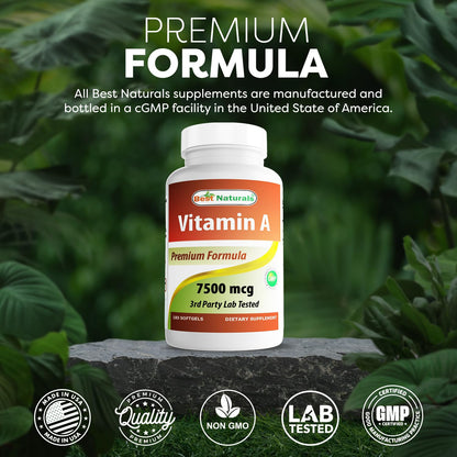 Best Naturals Vitamin A 25000 IU - 180 Softgels, Non-GMO Formula for Vision & Immunity