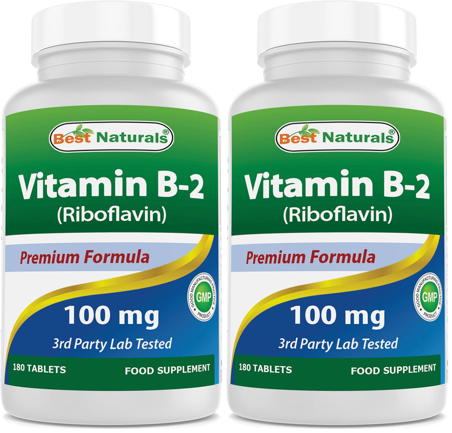 Best Naturals Vitamin B2 (Riboflavin) 100 mg - 180 Tablets per Bottle - Pack of 2 | Premium Formula | 3rd Party Lab Tested