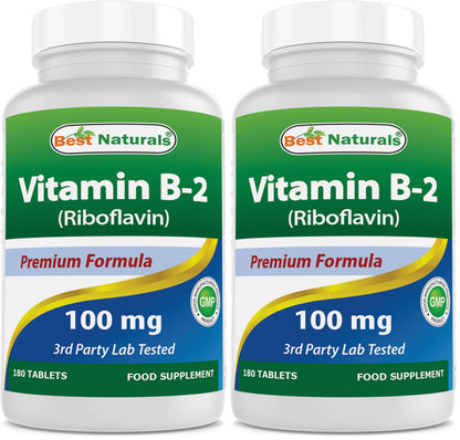 Best Naturals Vitamin B2 (Riboflavin) 100 mg - 180 Tablets per Bottle - Pack of 2 | Premium Formula | 3rd Party Lab Tested