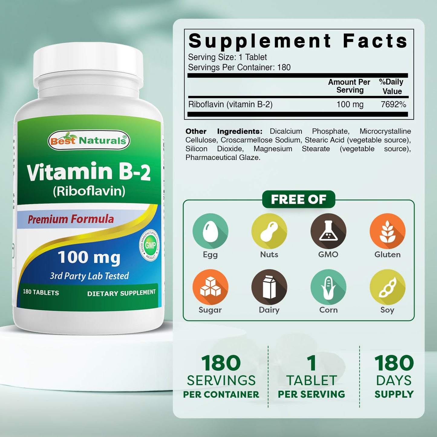 Best Naturals Vitamin B2 (Riboflavin) 100 mg - 180 Tablets per Bottle - Pack of 2 | Premium Formula | 3rd Party Lab Tested