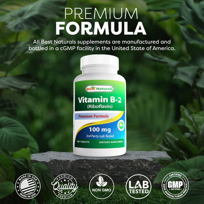 Best Naturals Vitamin B2 (Riboflavin) 100 mg - 180 Tablets per Bottle - Pack of 2 | Premium Formula | 3rd Party Lab Tested