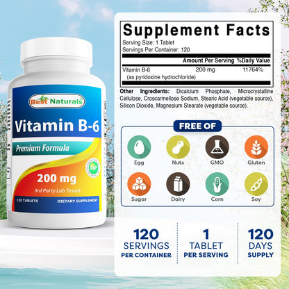 Best Naturals Vitamin B6 200mg for Adults – 120 Tablets (Pack of 2)