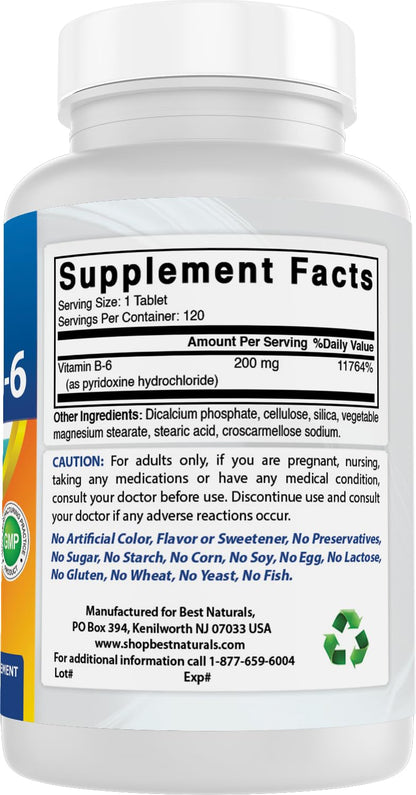 Best Naturals Vitamin B6 200mg for Adults - 120 Tablets (Pack of 2)