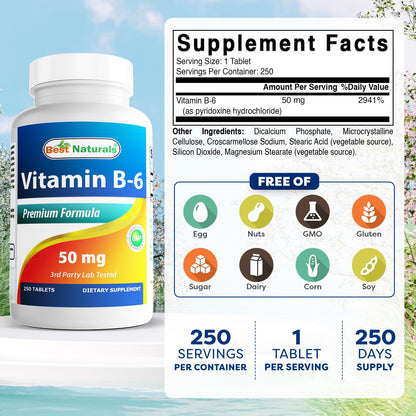 Best Naturals Vitamin B6 50 mg - 250 Tablets