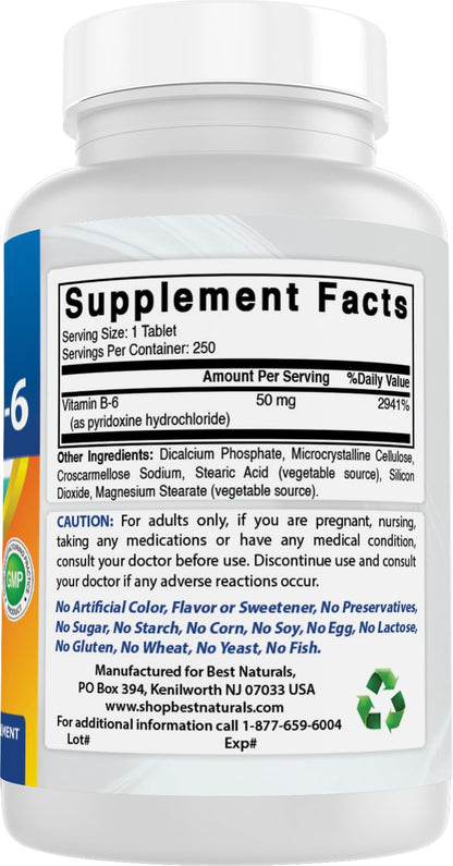 Best Naturals Vitamin B6 50 mg - 250 Tablets
