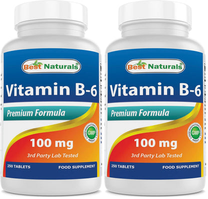 Best Naturals Vitamin B6 Tablet 100 mg - 250 Count Pack of 2 | Non-GMO & Gluten-Free | Made in USA