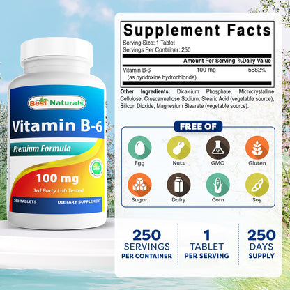 Best Naturals Vitamin B6 Tablet 100 mg - 250 Count Pack of 2 | Non-GMO & Gluten-Free | Made in USA
