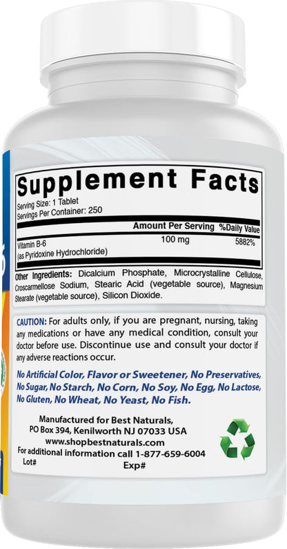 Best Naturals Vitamin B6 Tablet 100 mg - 250 Count Pack of 2 | Non-GMO & Gluten-Free | Made in USA