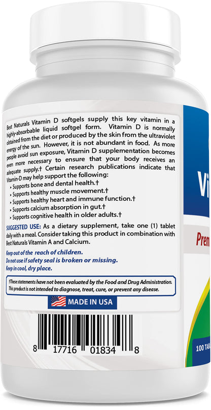 Best Naturals Vitamin D3 2000 IU (50 mcg) – 100 Tablets – Pack of 3