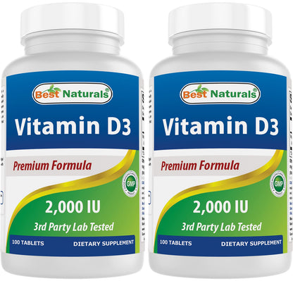 Best Naturals Vitamin D3 2000 IU - 2-Pack, 100 Tablets - Immune & Bone Support