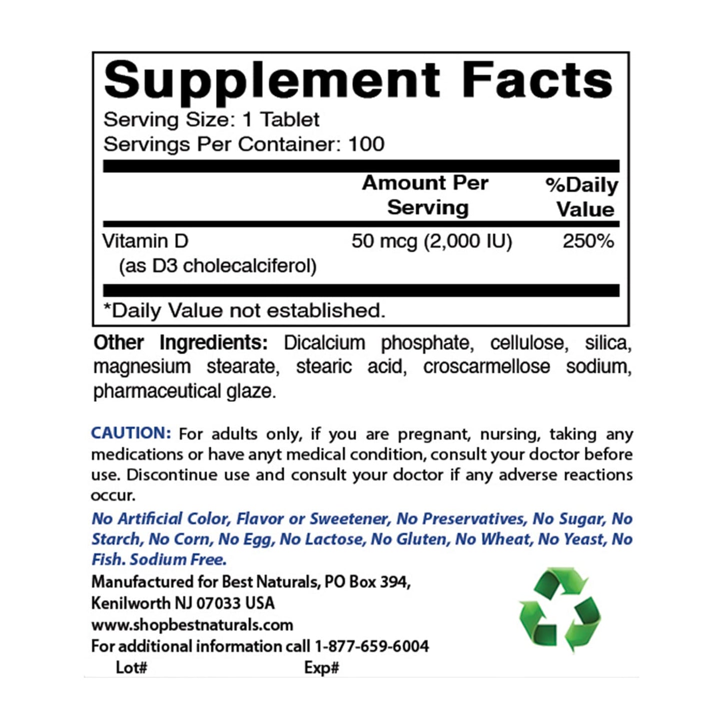 Best Naturals Vitamin D3 2000 IU - 2-Pack, 100 Tablets - Immune & Bone Support
