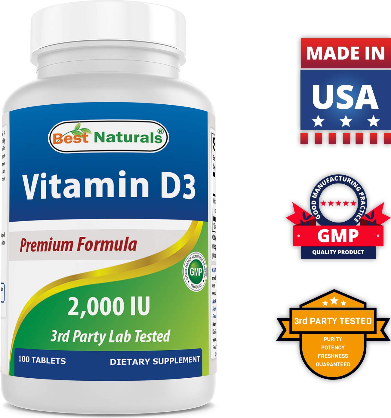 Best Naturals Vitamin D3 2000 IU - 2-Pack, 100 Tablets - Immune & Bone Support