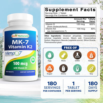 Best Naturals Vitamin K2 MK7 with D3 – 180 Tablets (5,000 IU D3 & 100 mcg K2 MK7) | Non-GMO, USA Made