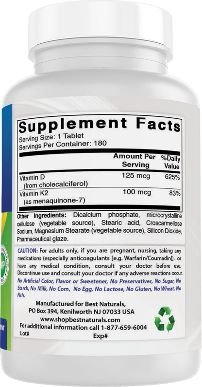 Best Naturals Vitamin K2 MK7 with D3 – 180 Tablets (5,000 IU D3 & 100 mcg K2 MK7) | Non-GMO, USA Made