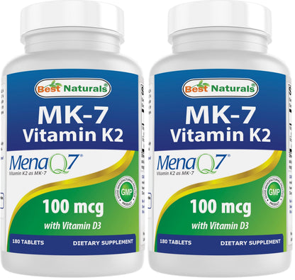 Best Naturals Vitamin K2 MK7 with D3 – 5000 IU Vitamin D3 & 100 mcg K2 MK7, 180 Tablets (Pack of 2)