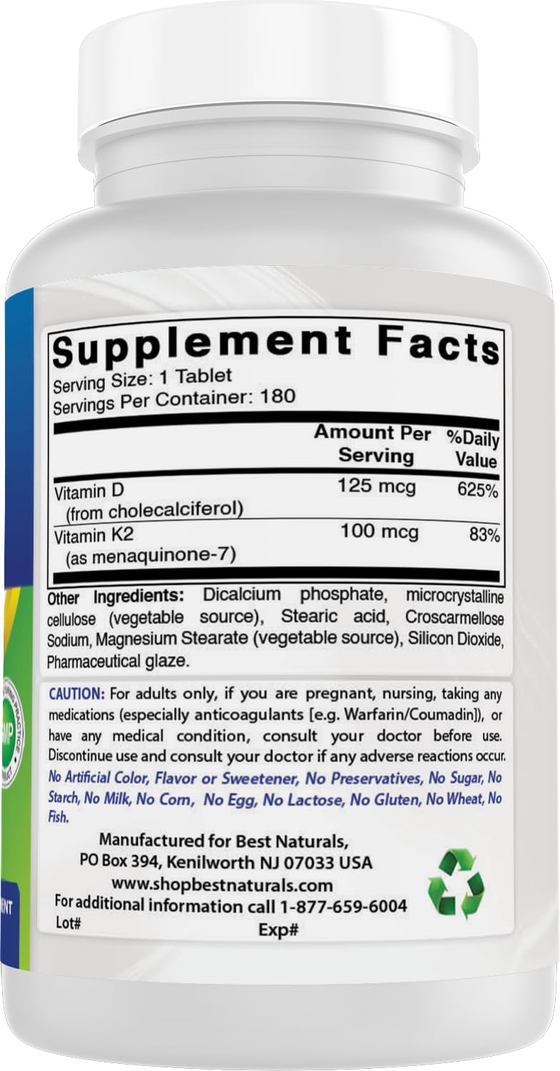 Best Naturals Vitamin K2 MK7 with D3 – 5000 IU Vitamin D3 & 100 mcg K2 MK7, 180 Tablets (Pack of 2)