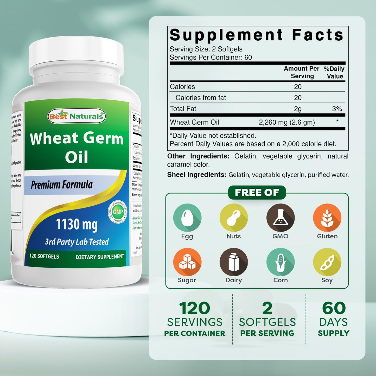 Best Naturals Wheat Germ Oil 1130 mg 120 Softgels (Pack of 2) – GMP Certified, Made in USA