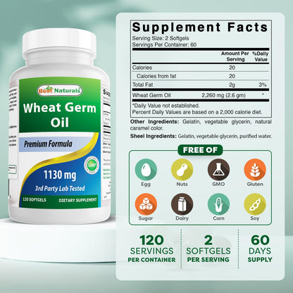 Best Naturals Wheat Germ Oil 1130 mg 120 Softgels (Pack of 2) – GMP Certified, Made in USA