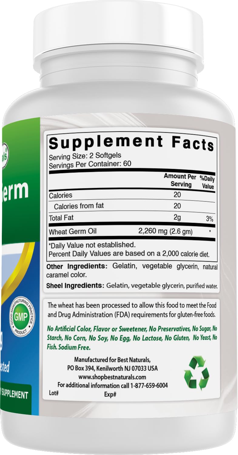 Best Naturals Wheat Germ Oil 1130 mg 120 Softgels (Pack of 2) – GMP Certified, Made in USA