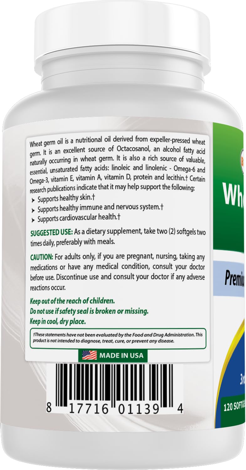 Best Naturals Wheat Germ Oil 1130 mg 120 Softgels (Pack of 2) – GMP Certified, Made in USA
