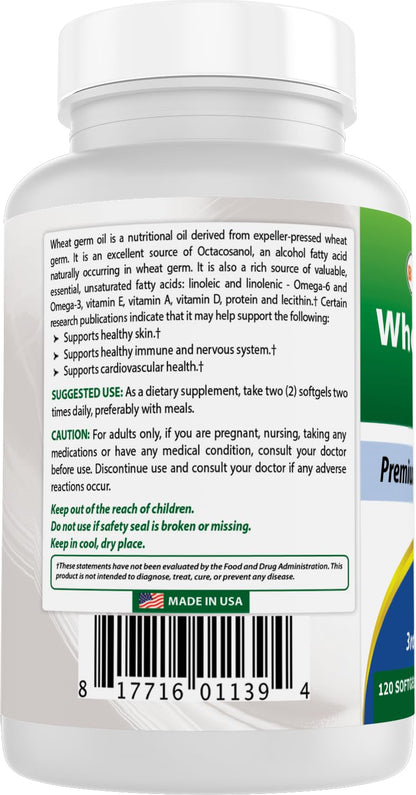 Best Naturals Wheat Germ Oil 1130 mg 120 Softgels (Pack of 2) – GMP Certified, Made in USA