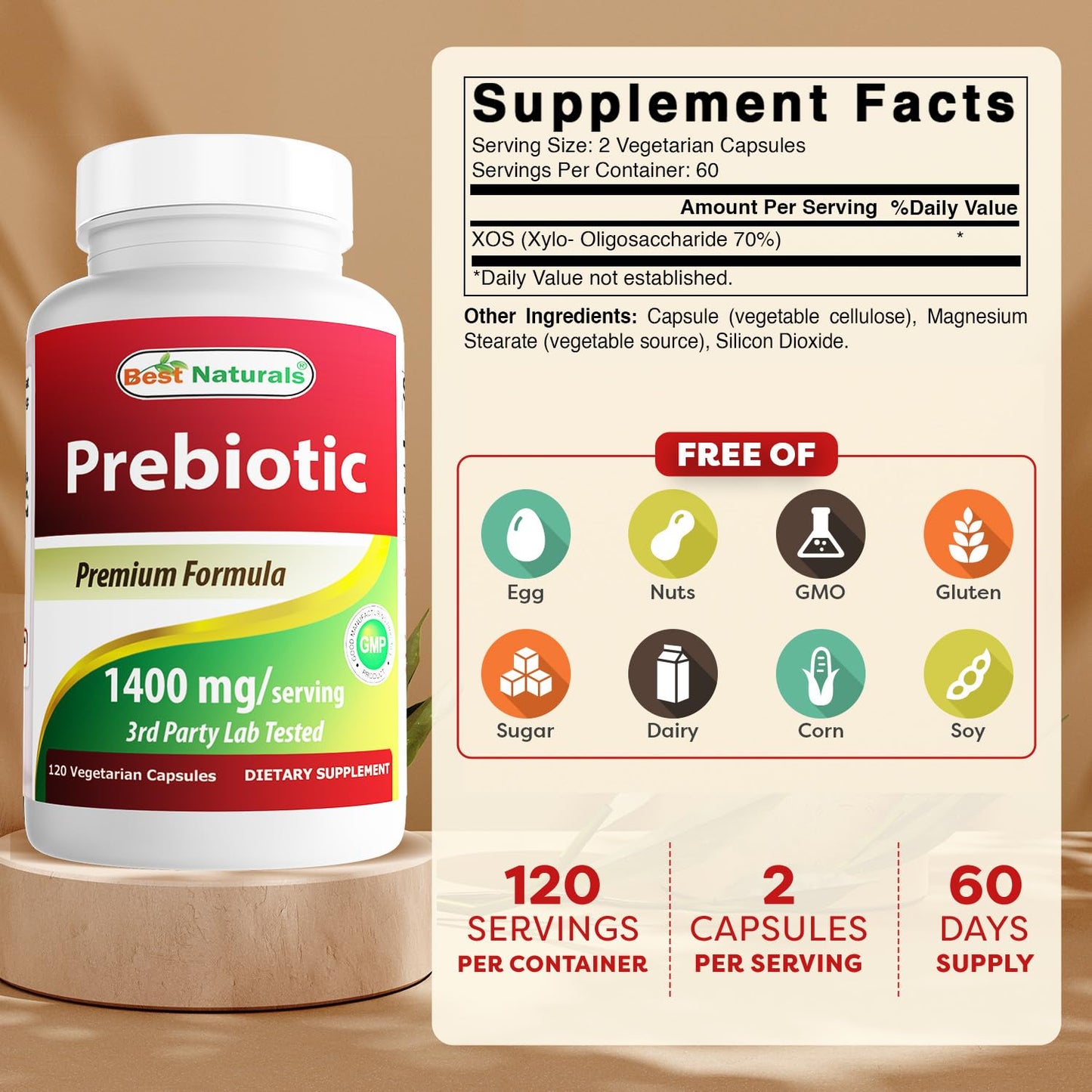 Best Naturals Prebiotics XOS 1400mg – 120 Veg Capsules (Pack of 2)