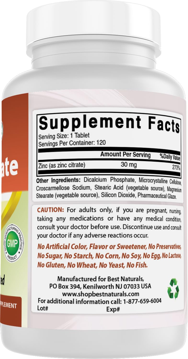 Best Naturals Zinc 30mg (Zinc Citrate) - 120 Tablets Pack of 2 - Immune Support
