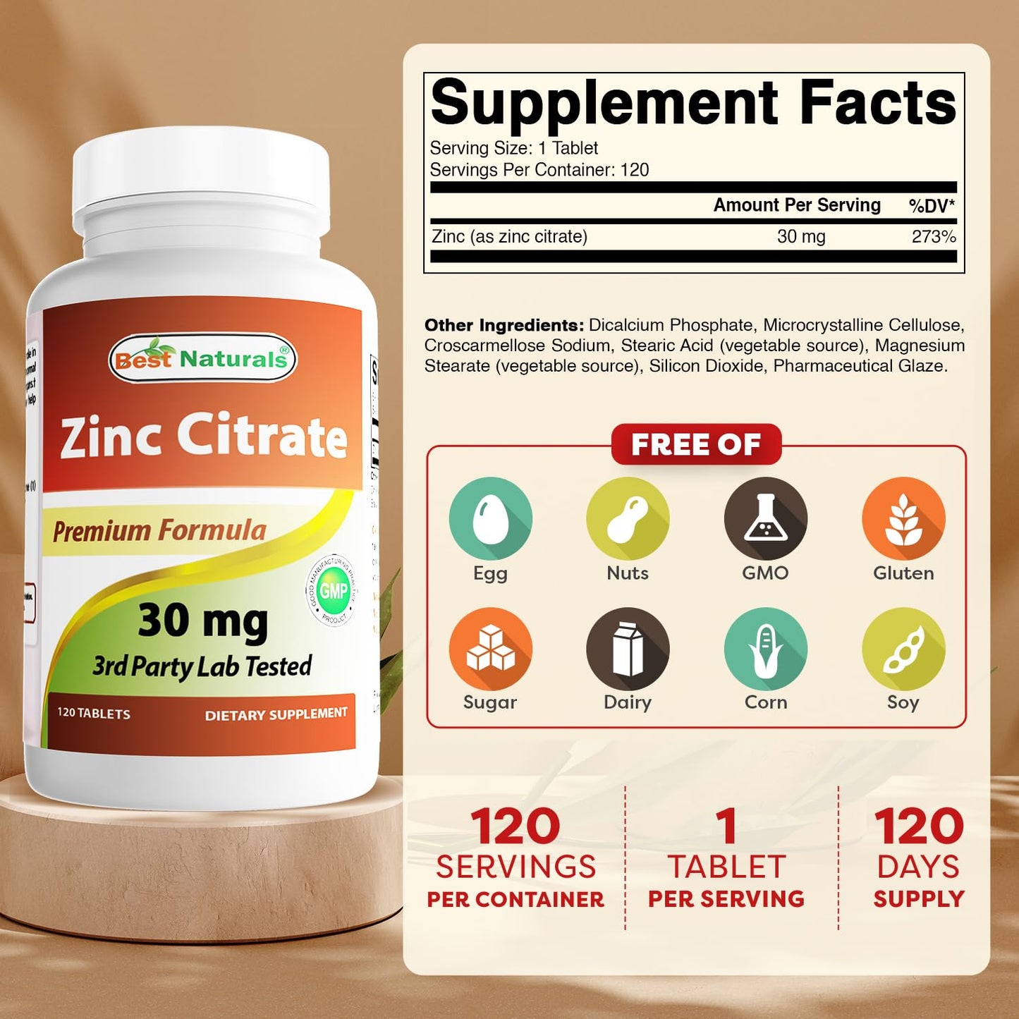 Best Naturals Zinc 30mg (Zinc Citrate) - 120 Tablets Pack of 2 - Immune Support
