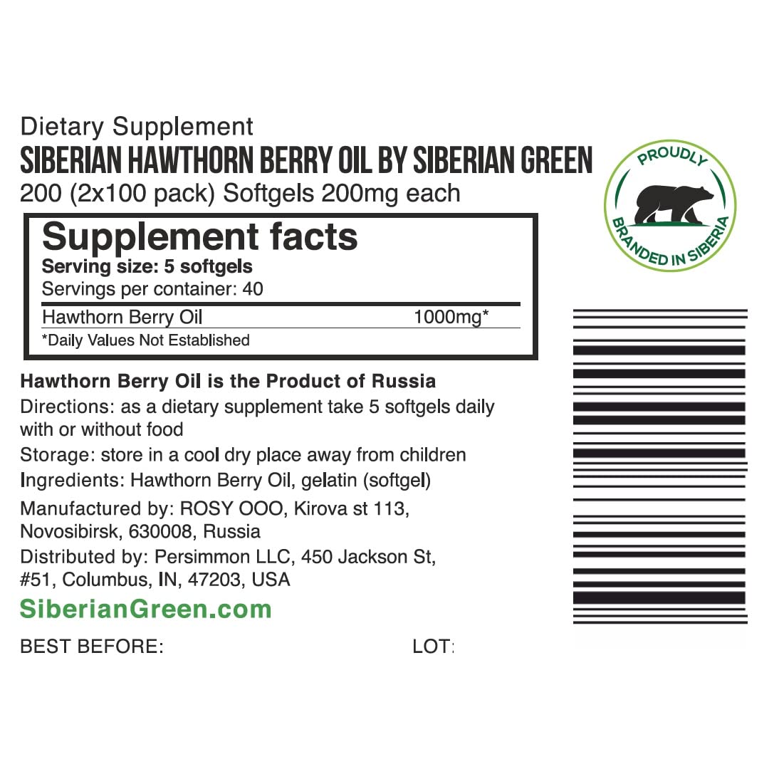 Best Value Organic Siberian Hawthorn Oil - 200 Capsules, 2 Pack | Extra Virgin Cold Pressed