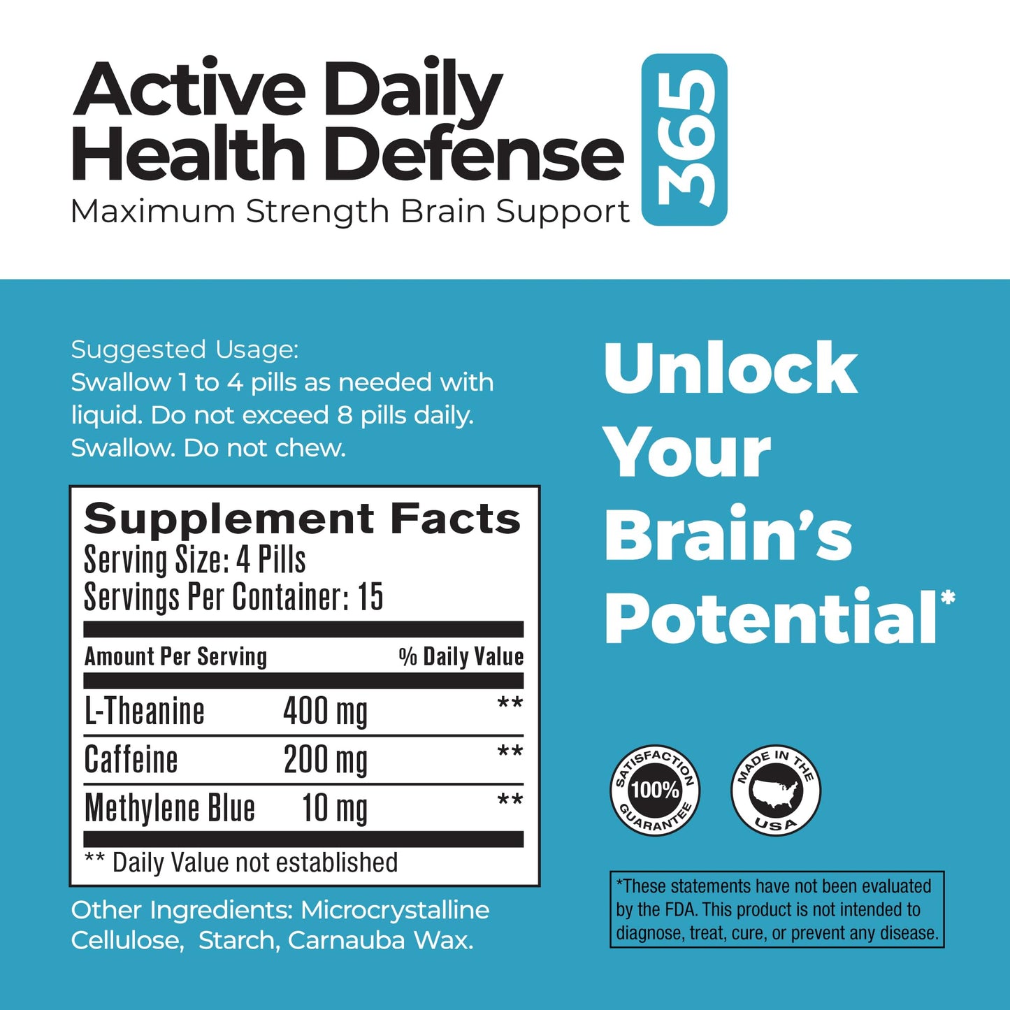 Best365 Labs Maximum Strength Brain Support | Methylene Blue, Caffeine & L-Theanine - 60 Tablets