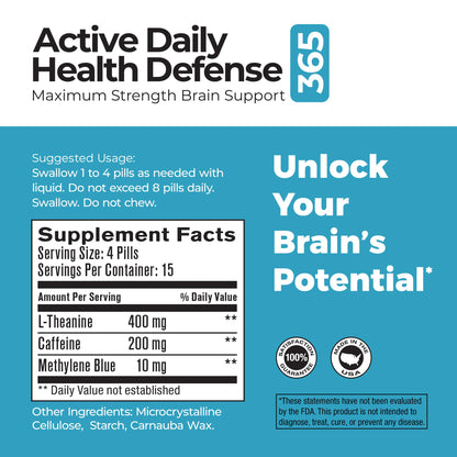 Best365 Labs Maximum Strength Brain Support | Methylene Blue, Caffeine & L-Theanine - 60 Tablets