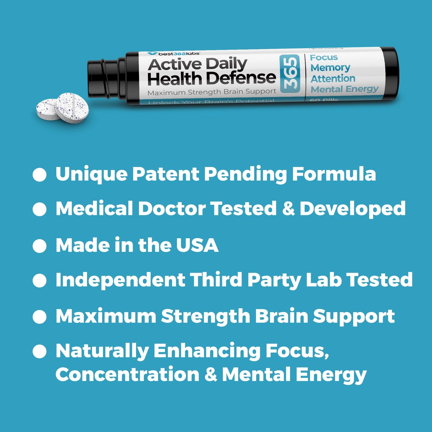 Best365 Labs Maximum Strength Brain Support | Methylene Blue, Caffeine & L-Theanine - 60 Tablets