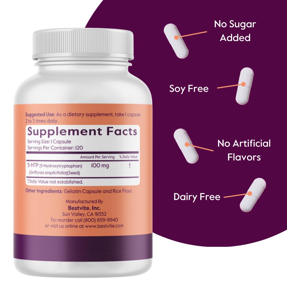 BESTVITE 5-HTP 100mg (240 Capsules) - No Stearates, Gluten Free, Non-GMO