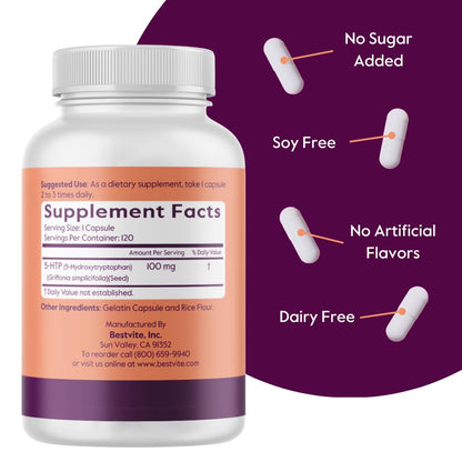 BESTVITE 5-HTP 100mg (240 Capsules) - No Stearates, Gluten Free, Non-GMO