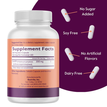 BESTVITE 5-HTP 200mg Capsule - 240 Caps | Gluten Free, Non-GMO, No Stearates