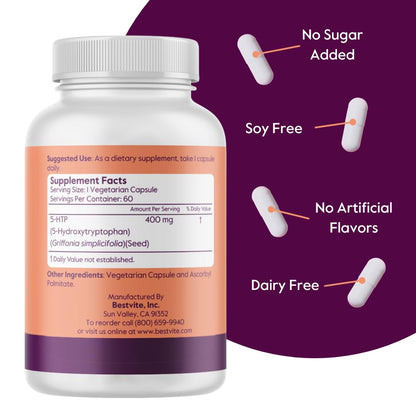 BESTVITE 5-HTP 400mg Capsule (60 Vegetarian Capsules) – Vegan, Non-GMO, Gluten Free