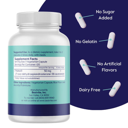 BESTVITE 7-Keto 50 mg DHEA (120 Vegetarian Capsules) - No Stearates