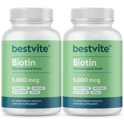 BESTVITE Biotin 5000mcg – 240 Veggie Capsules | Hair, Skin & Nails | Vegan